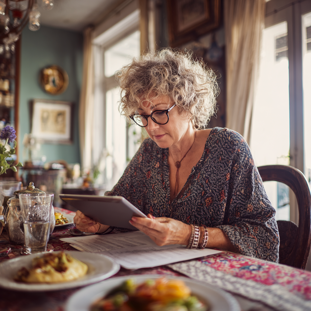 Жена на 52 години разглежда персонализирано меню на таблет в уютна трапезария